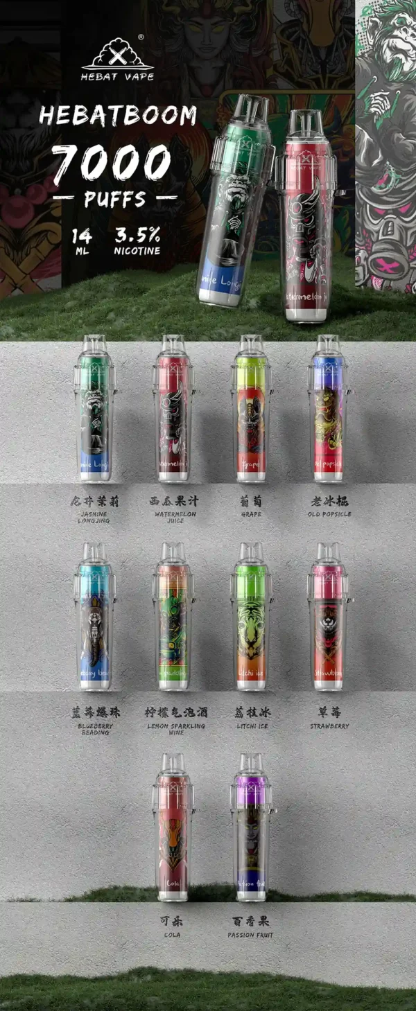3c7b6159090b1f15eda83534671f250d-1.webp Hebat 喜貝 BOOM 7000口 拋棄式電子煙 主打14ml巨量油倉與500mAh可充電續航 結合3.5%尼古丁鹽與細膩霧化技術