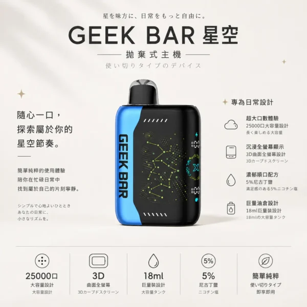 ChatGPT-Image-2026年8月22日-下午07_29_27.webp 【買5贈1】GEEK BAR Pulse X 星空系列 25000口 拋棄式電子煙 首創3D曲面全螢幕設計 結合18ml巨量油量與5%尼古丁鹽配方