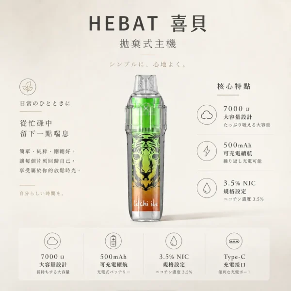 ChatGPT-Image-2026年8月22日-下午07_37_24.webp Hebat 喜貝 BOOM 7000口 拋棄式電子煙 主打14ml巨量油倉與500mAh可充電續航 結合3.5%尼古丁鹽與細膩霧化技術