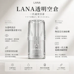 ChatGPT-Image-2026年8月23日-下午04_39_27.webp LANA 拉娜 一代通用透明空倉 主打全透明殘油一目瞭然設計 結合陶瓷芯注油不掉味與防漏升級技術 完美兼容一代主機