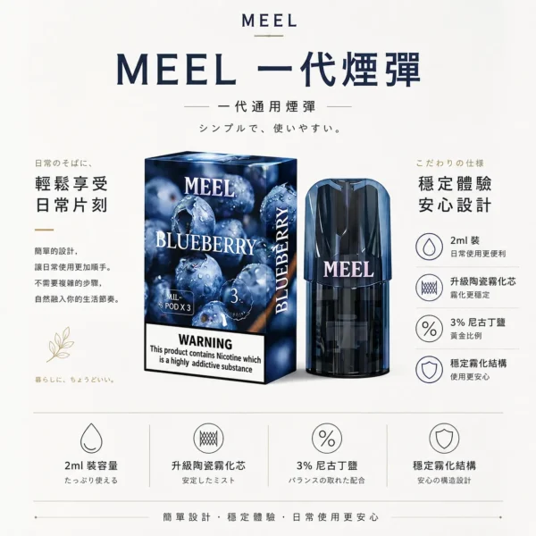 ChatGPT-Image-2026年8月23日-下午06_26_32.webp MEEL 一代通用煙彈 主打2ml巨量裝與升級陶瓷霧化芯 結合3%尼古丁鹽黃金比例配置 完美適配多款一代通用主機