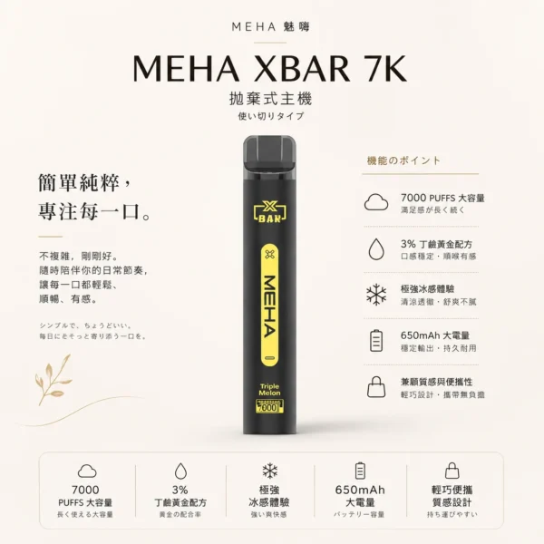 MEHA XBAR 魅嗨 小黑條 7000口 拋棄式電子煙 主打3%尼古丁鹽黃金配方與極強冰感體驗 結合Mesh芯爆發力強與650mAh可充電池
