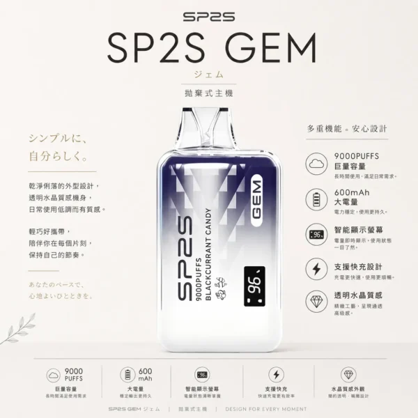 ChatGPT-Image-2026年8月24日-下午10_01_19.webp SP2S 思博瑞 GEM 9000口 拋棄式電子煙 主打透明水晶質感外觀設計 結合600mAh快充大電量與智能顯示螢幕功能