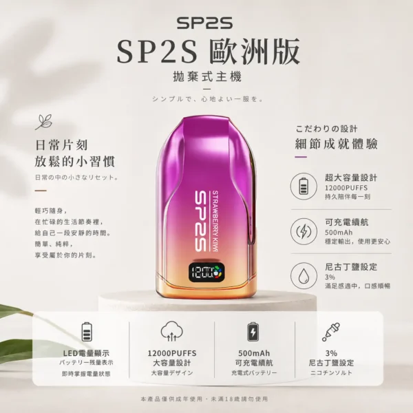 ChatGPT-Image-2026年8月24日-下午10_04_16.webp SP2S 歐洲版 12000口 拋棄式電子煙 主打自帶LED電量顯示使電力一目瞭然 結合10ml澎湃容量與500mAh可充電規格