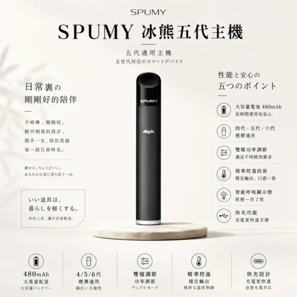 SPUMY 冰熊 五代通用主機 主打480mAh超大電量快充與智能呼吸顯示燈 結合雙檔功率調節精準控溫 廣泛通用四代/五代/六代煙彈