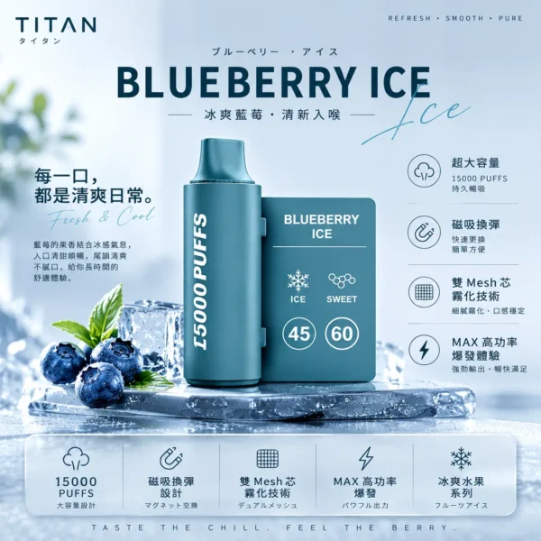 ChatGPT-Image-2026年8月25日-下午08_01_12.webp TITAN 泰坦 15000口 專用磁吸換彈拋棄式電子煙 主打冰爽水果系列極致體驗 結合雙Mesh芯細緻霧化與MAX高功率爆發技術