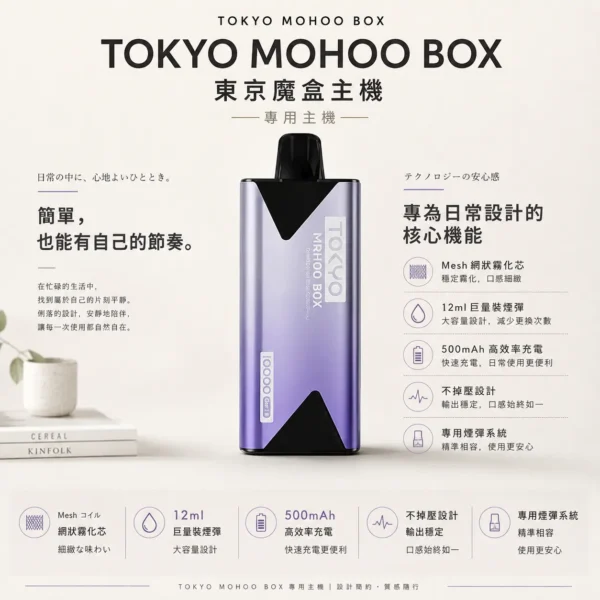 TOKYO MOHOO BOX 東京魔盒 專用主機 採用薄型外觀設計 結合Mesh網狀霧化芯帶來強勁濃郁口感