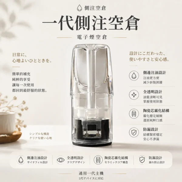 ChatGPT-Image-2026年8月25日-下午10_58_06.webp 一代通用側注空倉 主打全透明殘油可見與便捷側邊注油設計 結合內建陶瓷芯順滑不焦特色 完美相容一代通用主機
