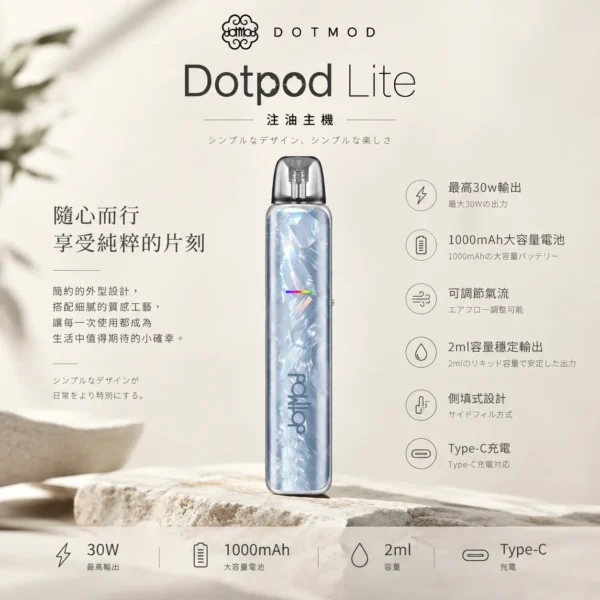 ChatGPT-Image-2026年9月6日-下午04_58_10.webp DotPod Lite 側注油主機 主打30W輸出與1000mAh大電池 結合2ml容量側邊填油設計並支援Type-C快充 通用小煙煙油