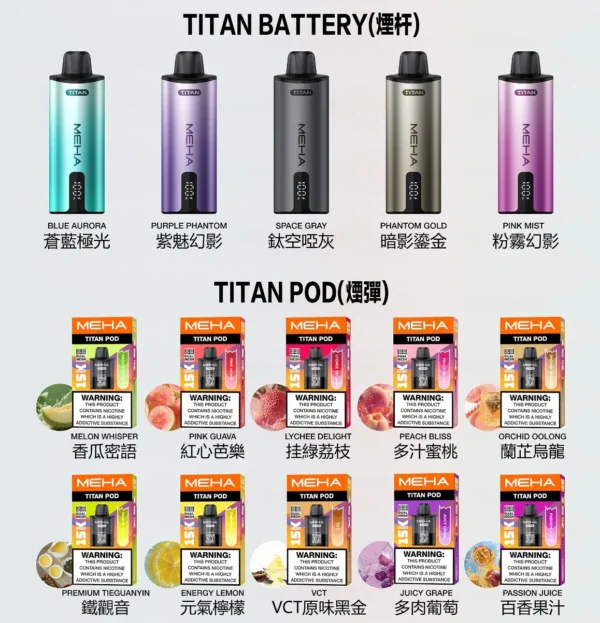 MEHA-TITAN-15000-抛棄式電子煙.webp MEHA 魅嗨 TITAN 泰坦 15000口 專用換彈式主機 主打15ml巨量裝與3%尼古丁鹽完美擊喉體感 結合600mAh高續航規格